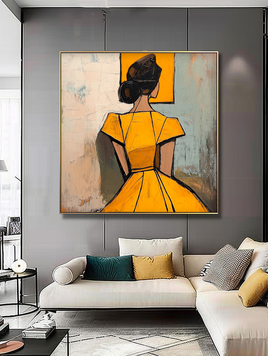Square Large Girl Portrait Artwork Lady Abstract Wall Art Origina Yellow Dress Acrylic Painting Canvas