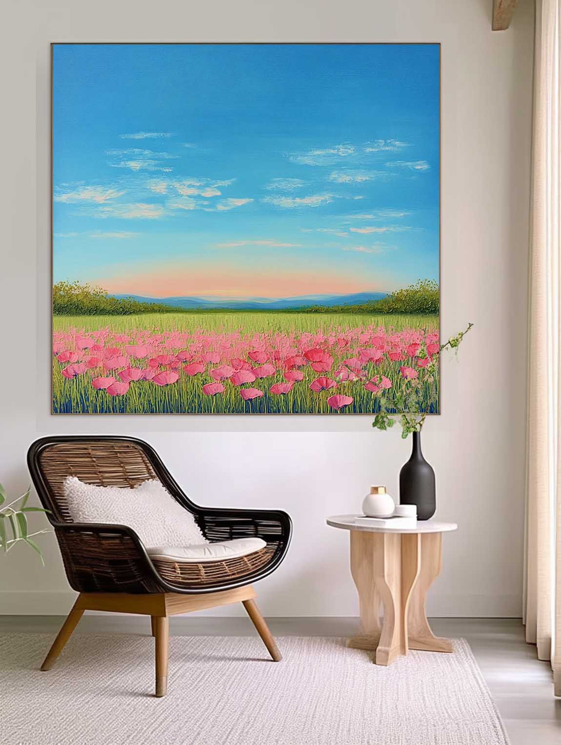 Landscape painting Nature Artwork Muted Country Field Wall Art Wildflower Field Scenery Oil Painting