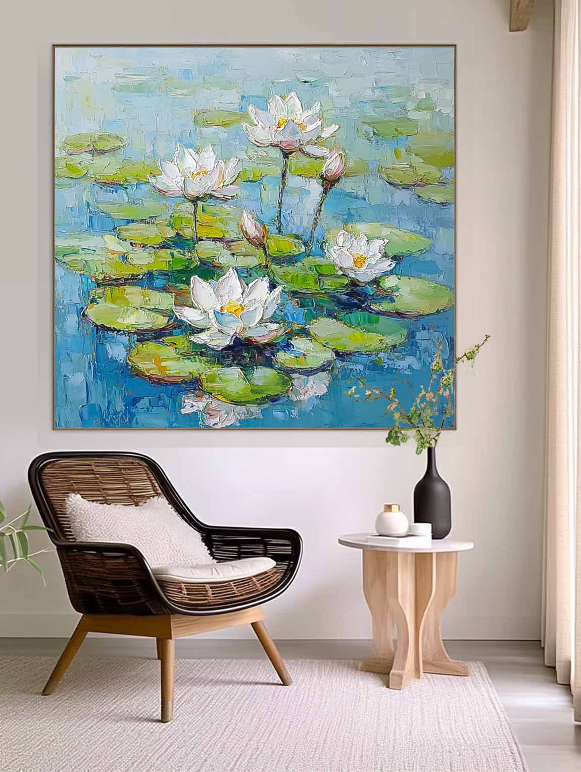 Square Contemporary White Lotus Floral Painting Large Textured Abstract Flower Paintings Original Artwork
