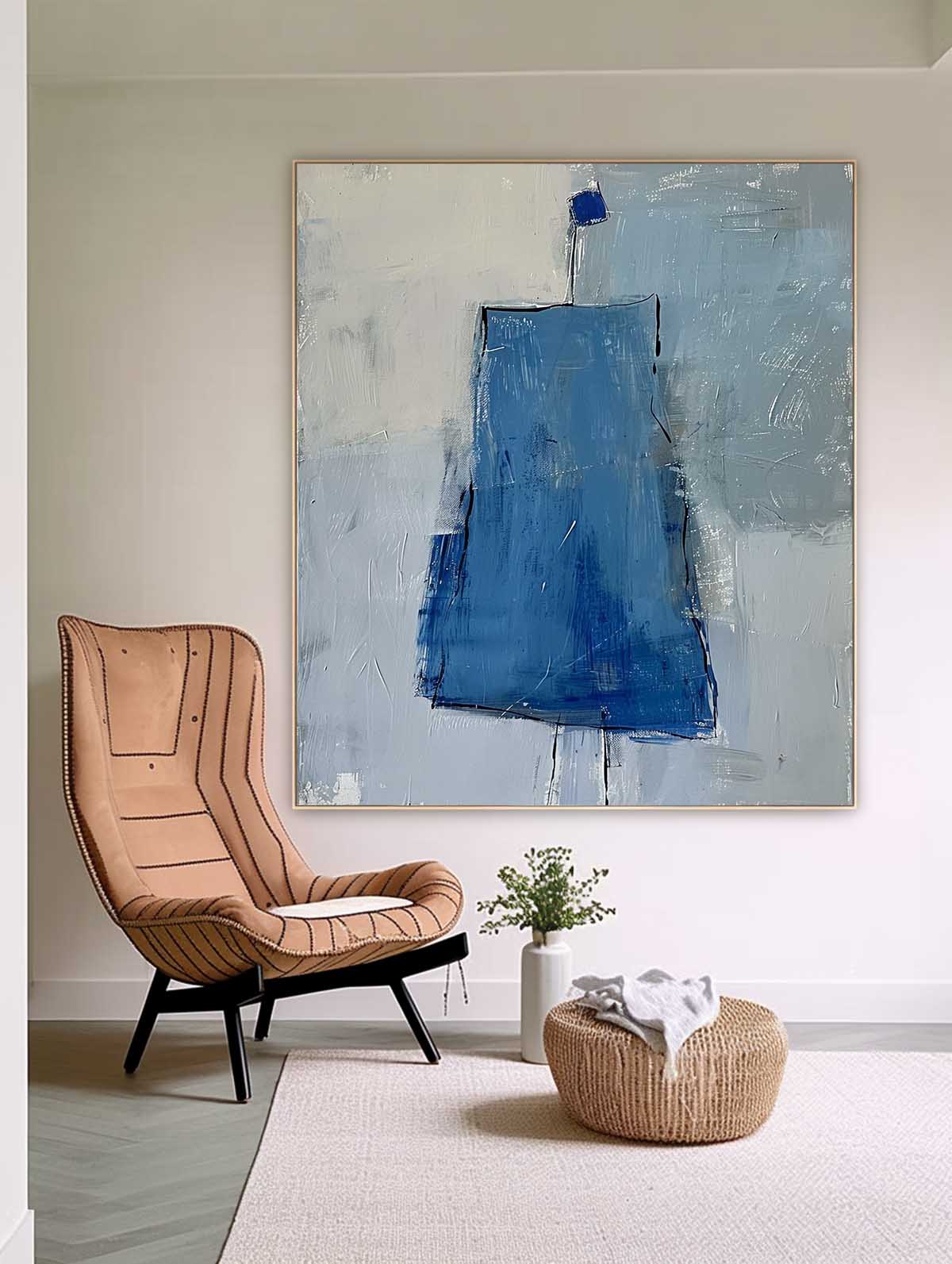 Abstract Aesthetic Canvas Oil Painting Large Vintage Blue Skirt Wall Art Original Minimalist Artwork
