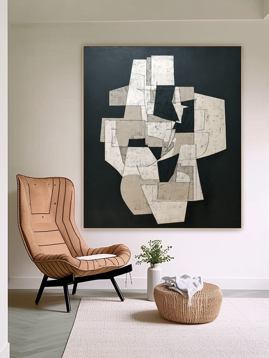 Abstract Geometric Wall Art Modern Black White Painting Contemporary Minimalist Decor Unique Canvas Art
