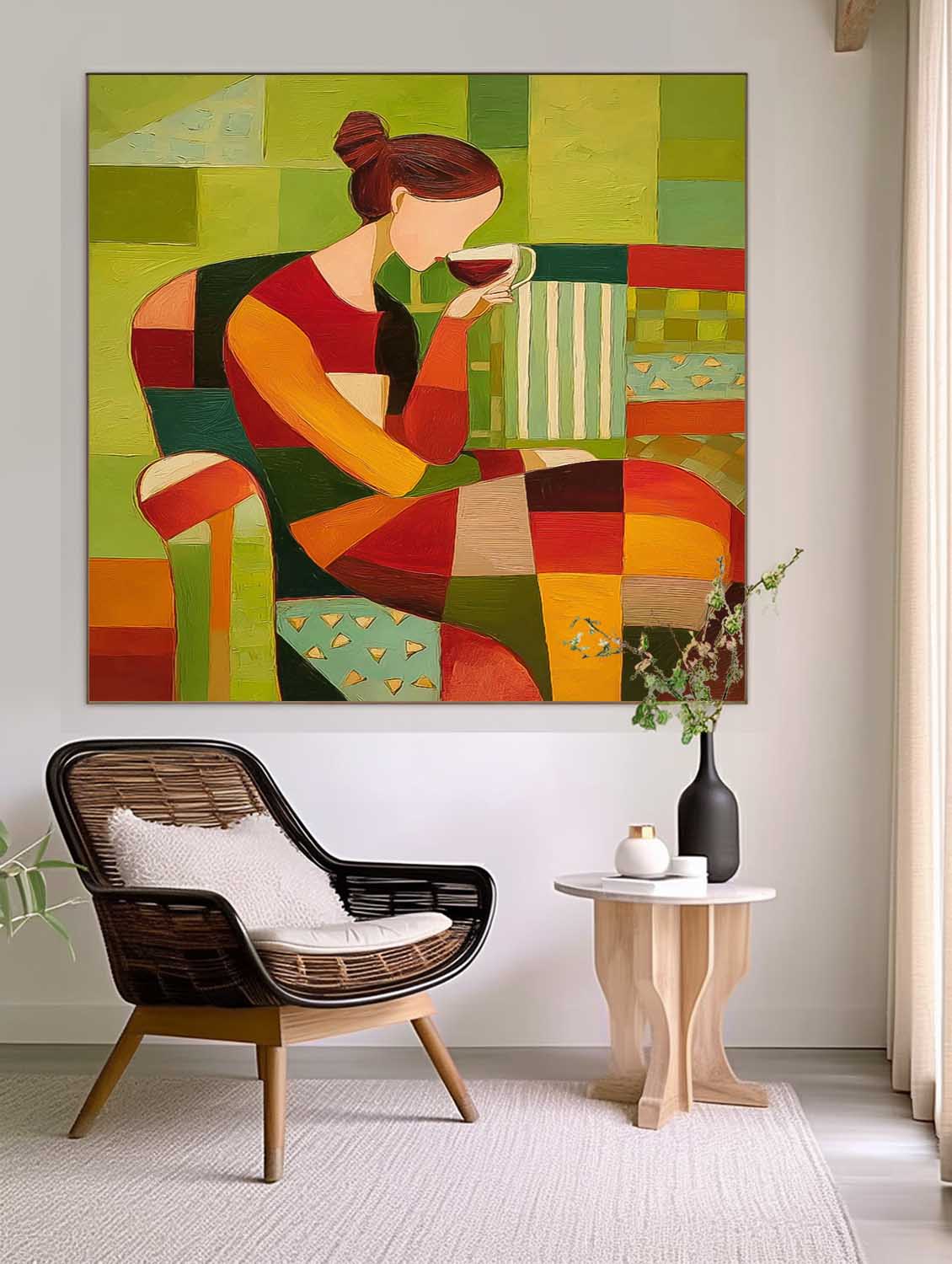 Lady Geometric Color Blocks Oil Painting Canvas Original Elegant Woman Wall Art Abstract Figure Artwork