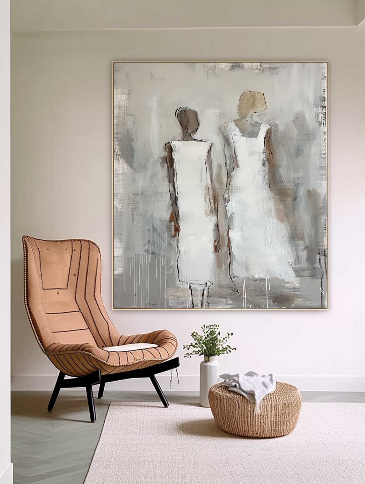 White Large Figure Painting Shadow Abstract Artwork Original Woman Silhouettes Wall Art For Living Room