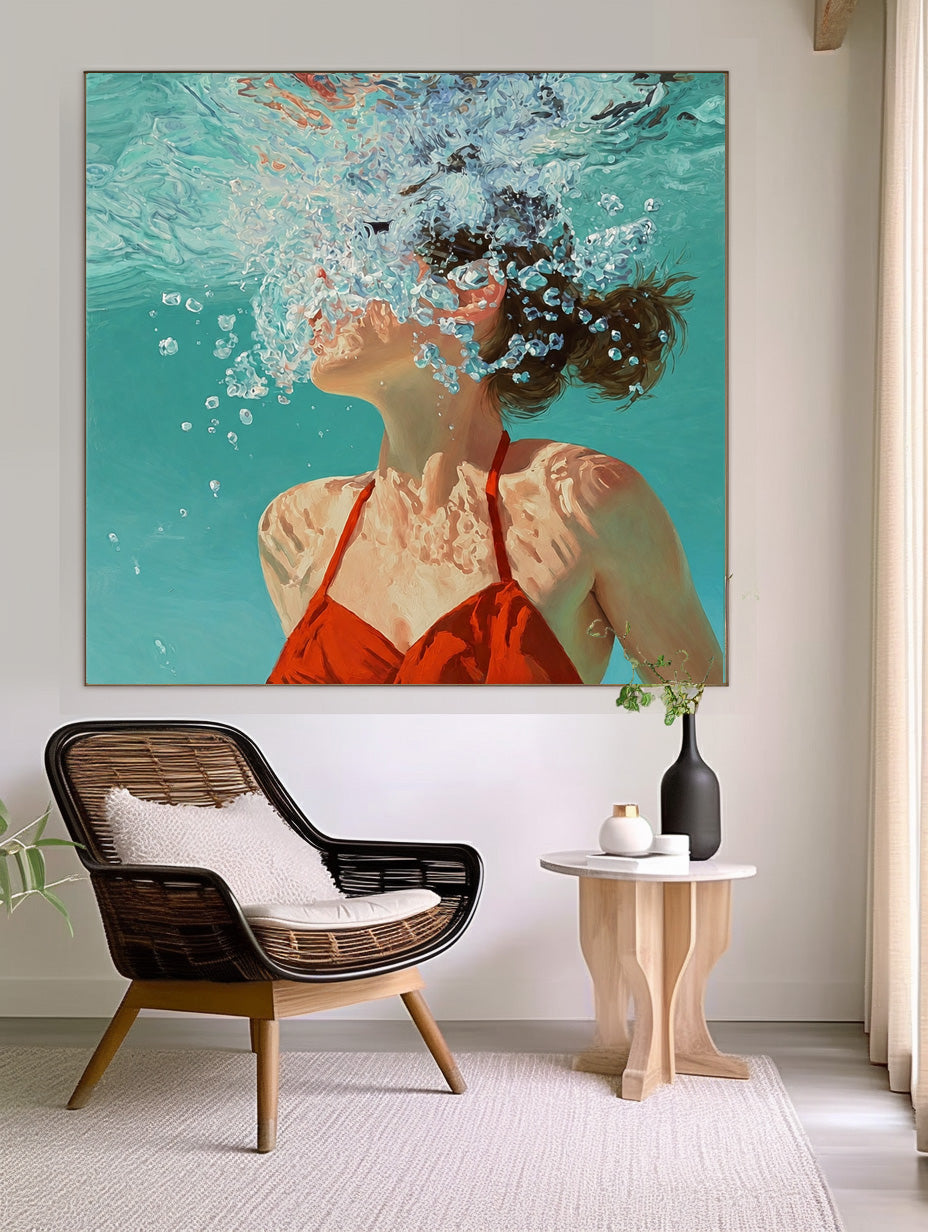 Square Diving In Ocean Sensual Woman Acrylic Painting Original Girl swimming Wall Art Lovely Lady Artwork
