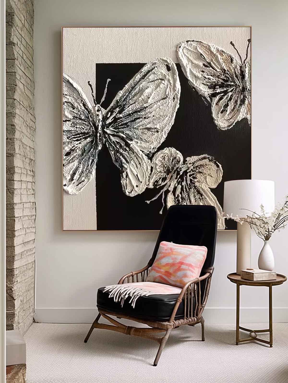 Modern Minimalist Black And White Butterfly Oil Painting Canvas Original Butterfly Wall Art Large Animal Artwork