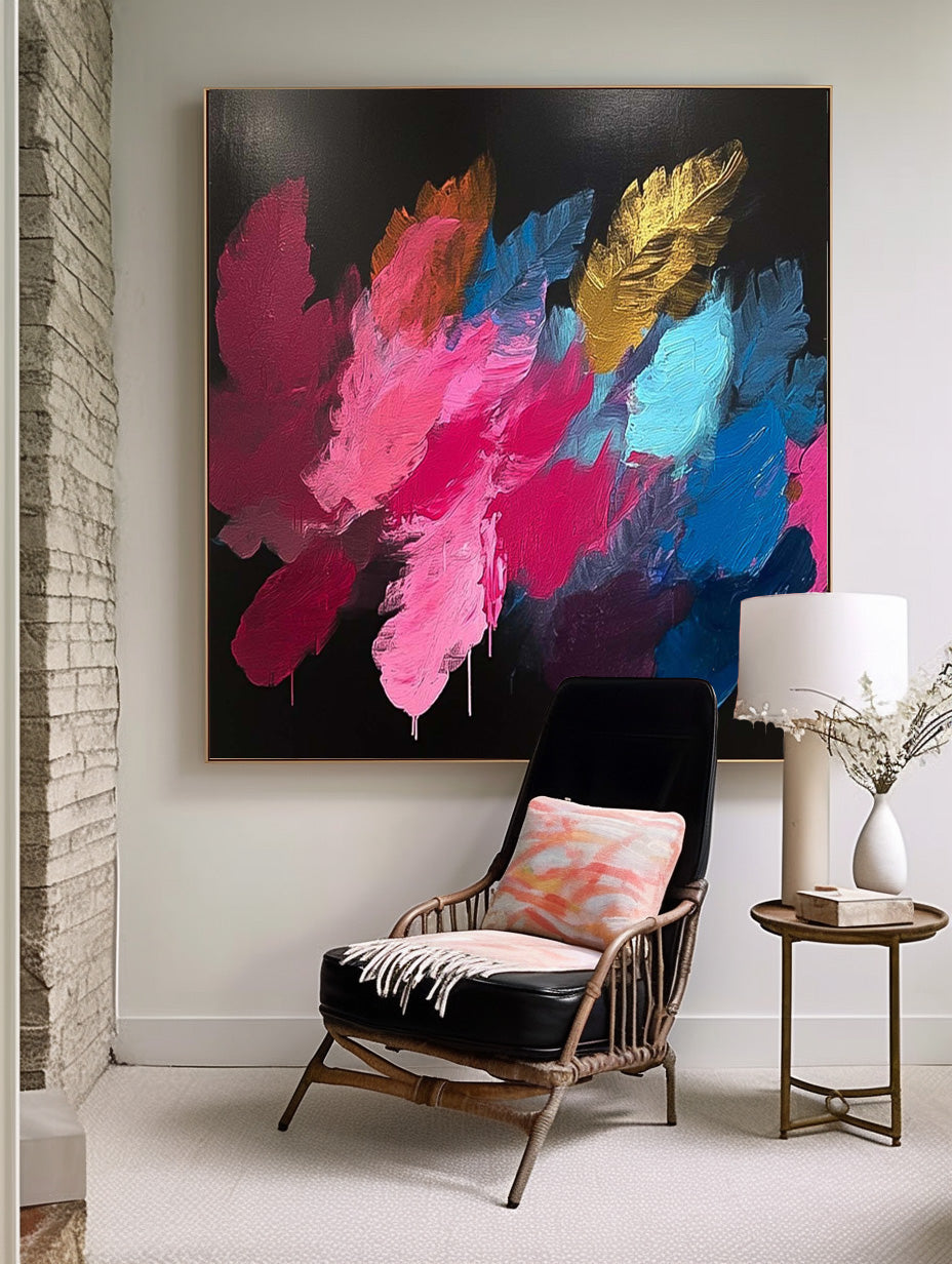 Square Contemporary Colored Leaves Painting Large Textured Abstract Leaves Paintings Original Framed Artwork