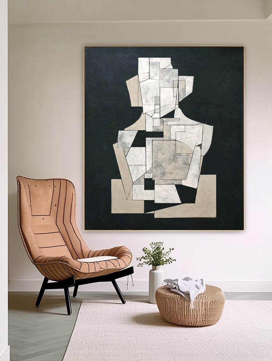 Abstract Geometric Black & White Wall Art Minimalist Modern Canvas Painting For Home Decor Unique Artwork