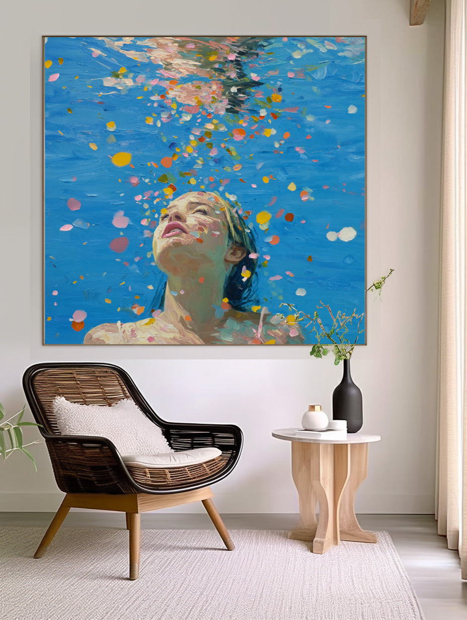 Blue Abstract Swimming Girl Wall Art Diving Oil painting Diving in Ocean Woman Handmade Canvas Artwork