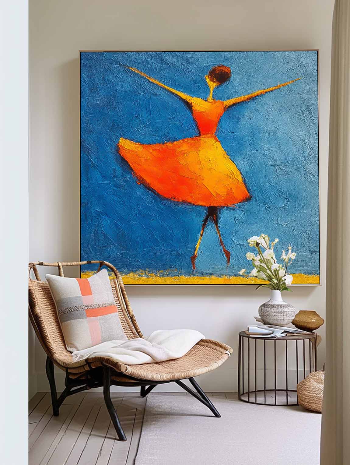 Minimalist People Silhouette Wall Art Modern Orange Skirt Framed Original Vibrant Color Oil Painting