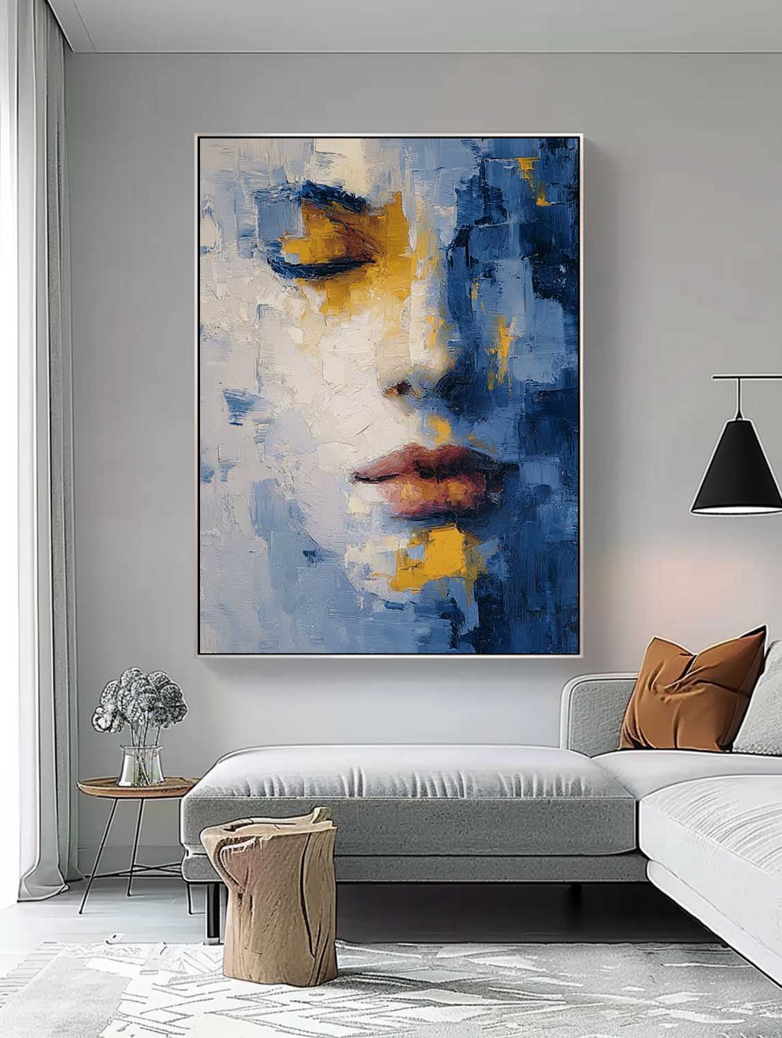 Contemporary Minimalist Face Artwork Abstract Portrait Painting Modern Blue & Gold Toned Impasto Wall Art