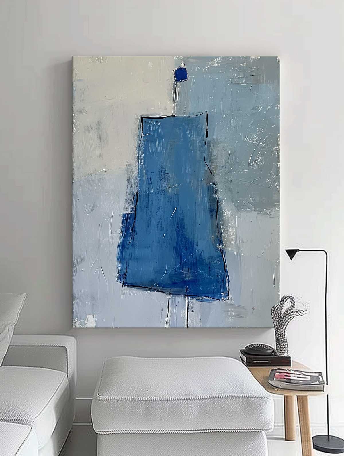 Abstract Aesthetic Canvas Oil Painting Large Vintage Blue Skirt Wall Art Original Minimalist Artwork