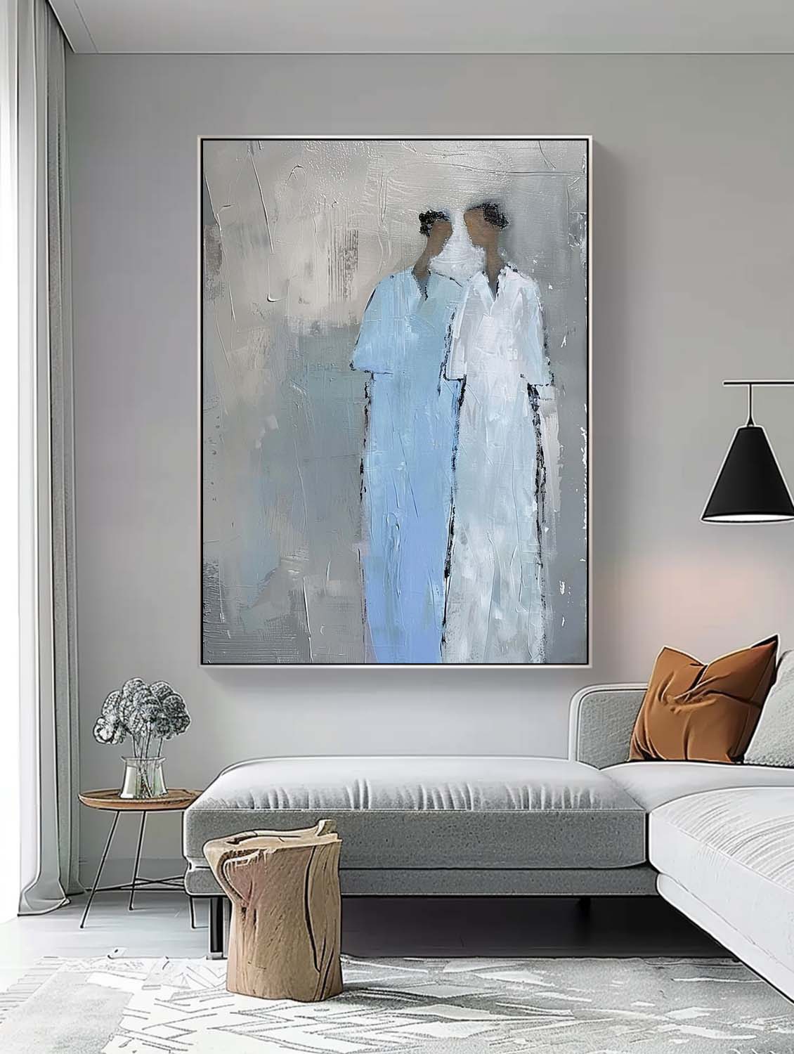 Blue Abstract Oil Painting Canvas Original Portrait Wall Art Minimalism Figure Acrylic Painting Home Decor