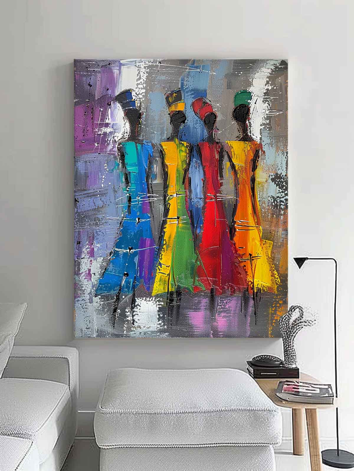 Original Modern Wall Art Colorful Four Women Silhouettes Painting Big Multicolor Girl Painting Framed