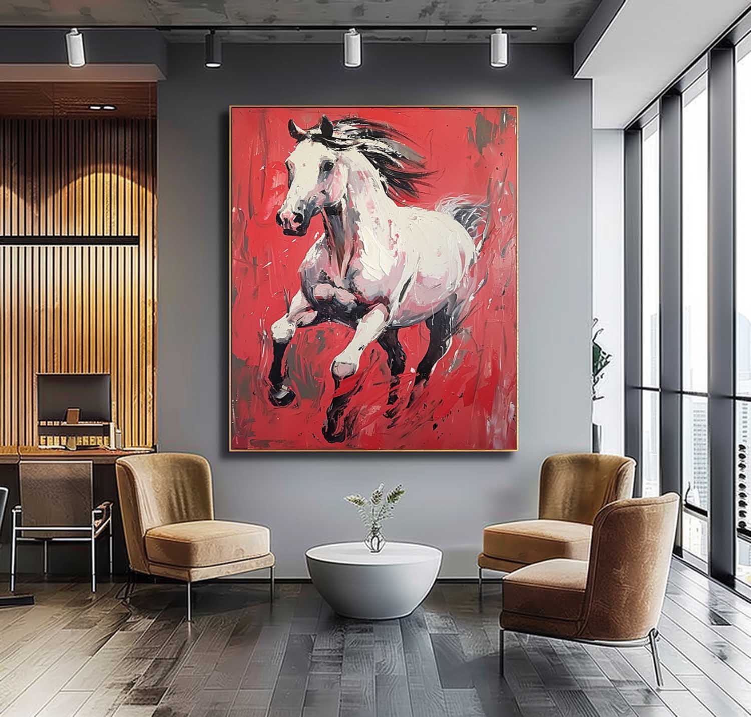 Modern Red background Texture Animal Oil Painting White Horse Oil Painting Impressionist Horse Wall Art Decor