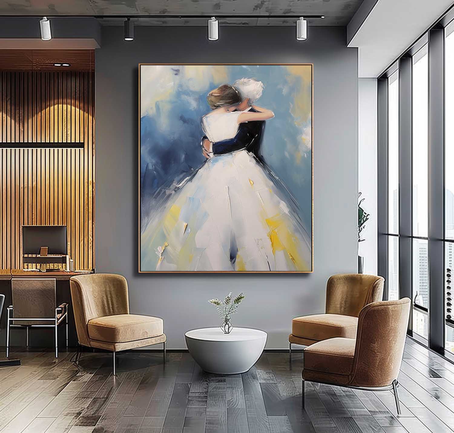 Large Texture Painting Framed Wedding Artwork Original Wall Art Character Outline Painting Anniversary Wedding Gift