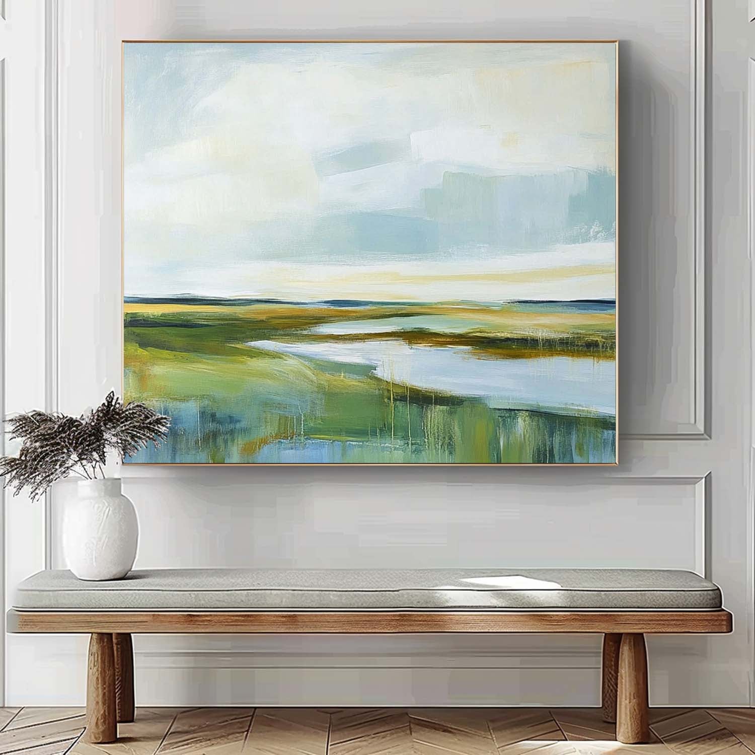 Abstract Lake Landscape Oil Painting Green Countryside Landscape Artwork Large Blue Texture Wall Art Framed