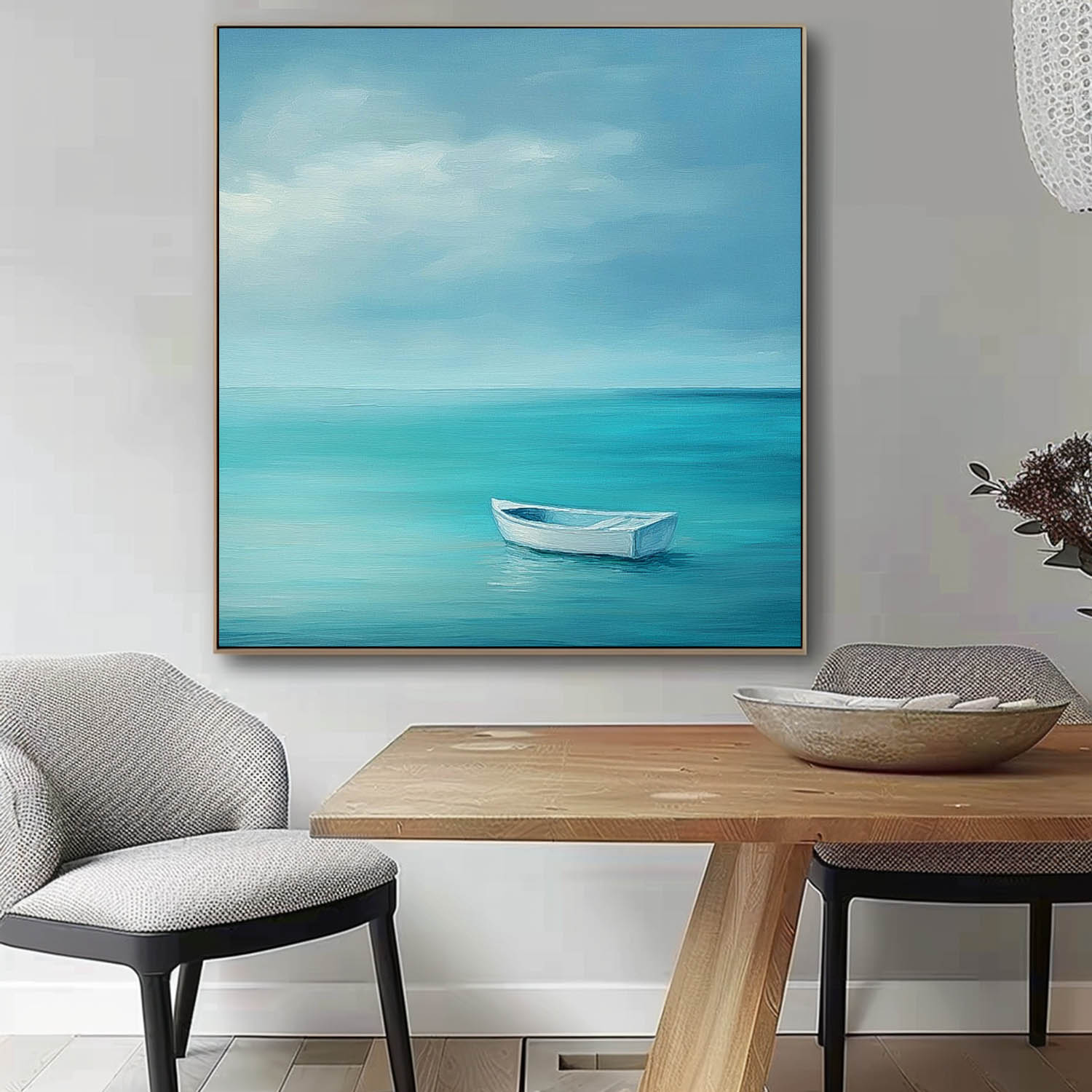 Large Small Boat Wall Art Seaside Landscape Artwork Abstract Offing Scenery Oil Painting Framed Home Decor