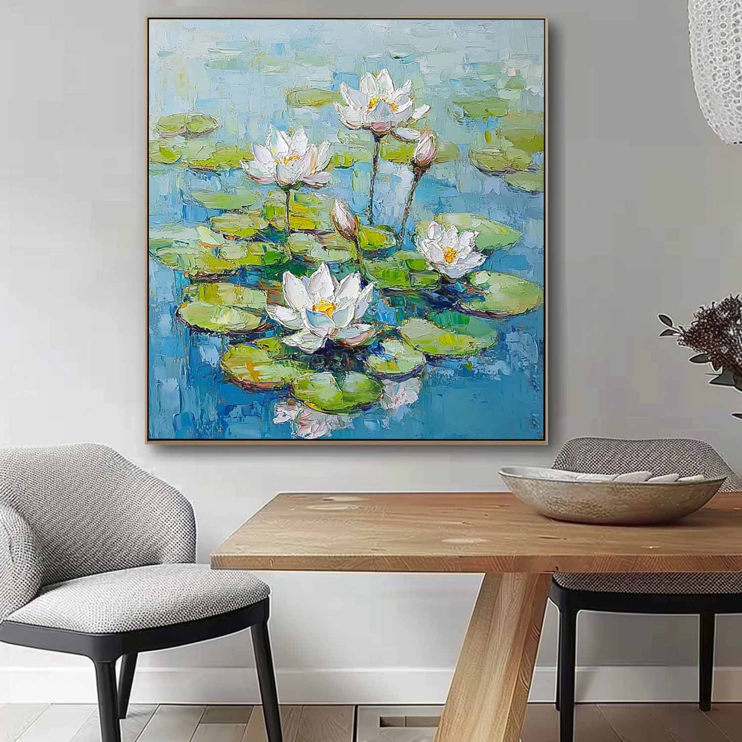 Square Contemporary White Lotus Floral Painting Large Textured Abstract Flower Paintings Original Artwork