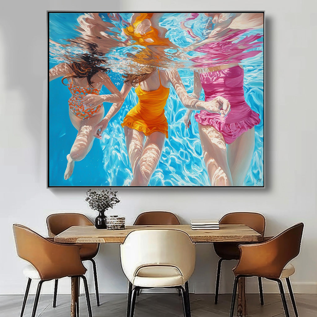 Diving In Ocean Sensual Woman Swimming Wall Art Original Girl Diving Oil Painting Abstract Colorful Artwork