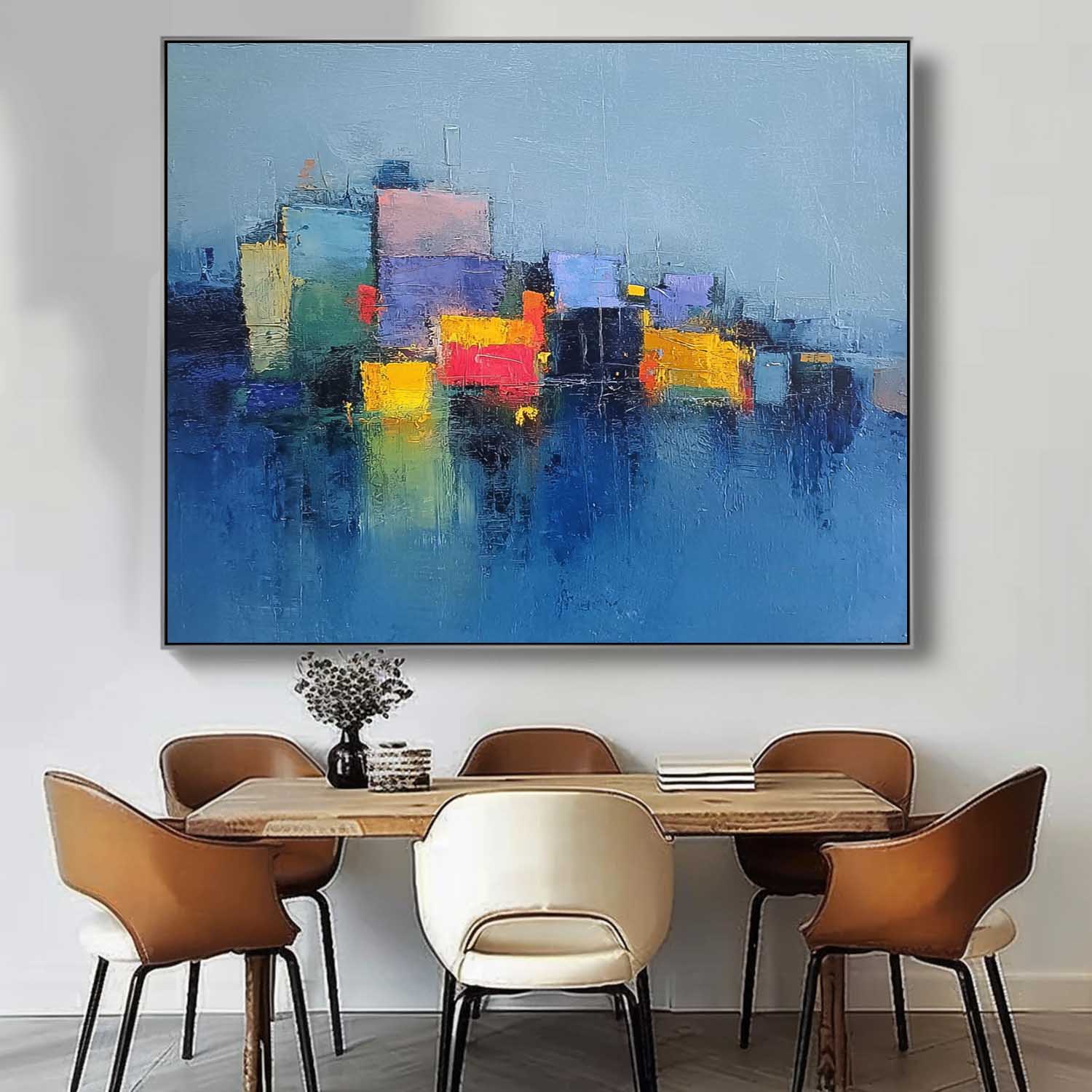 Modern Abstract Cityscape Oil Painting Large Texture Painting On Canvas Blue Wall Art Living Room Decor
