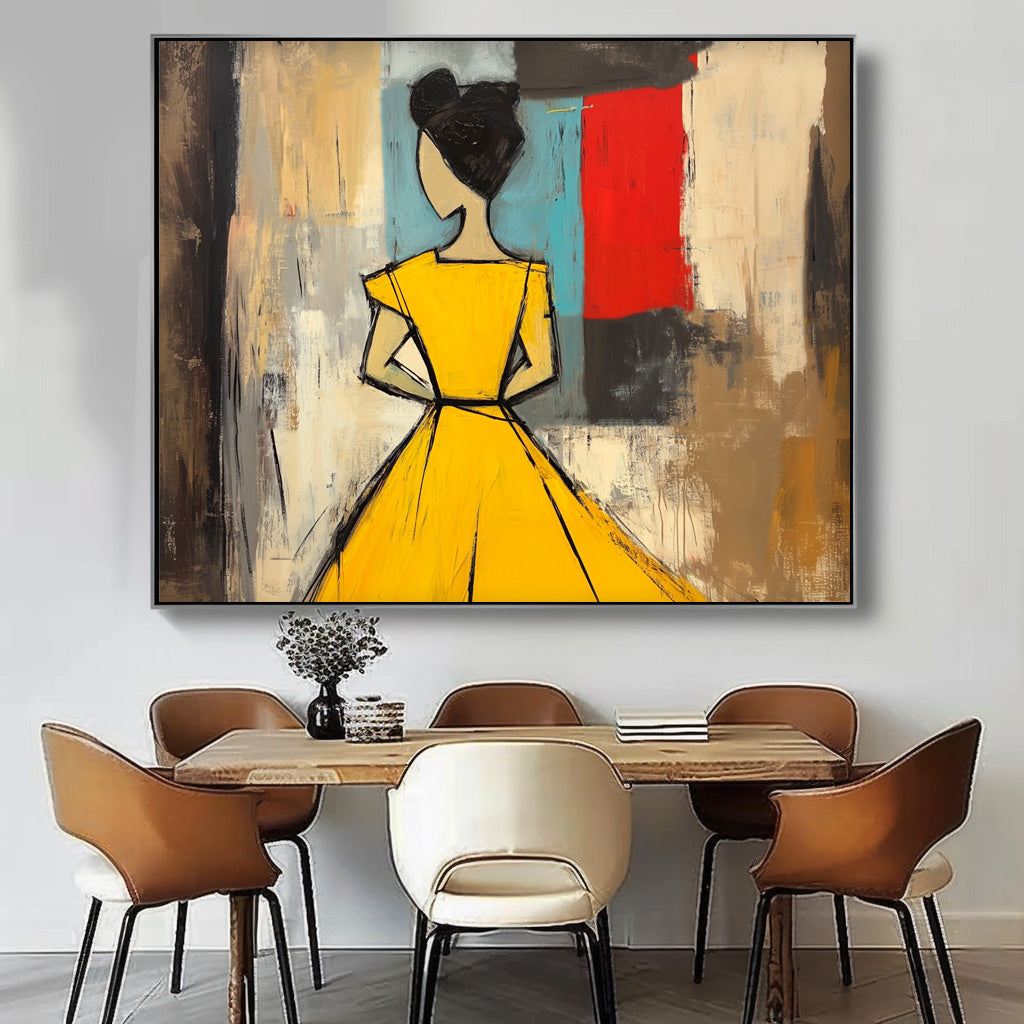 Contemporary Horizontal Wall Art Modern Minimal Abstract Lady Oil Painting Yellow Figure Contour Home Decor