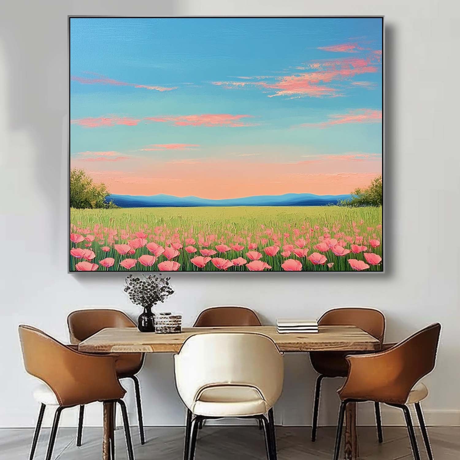 Wildflower Field Landscape Oil Painting Sunset Scenery painting Muted Country Field Wall Art Nature Artwork
