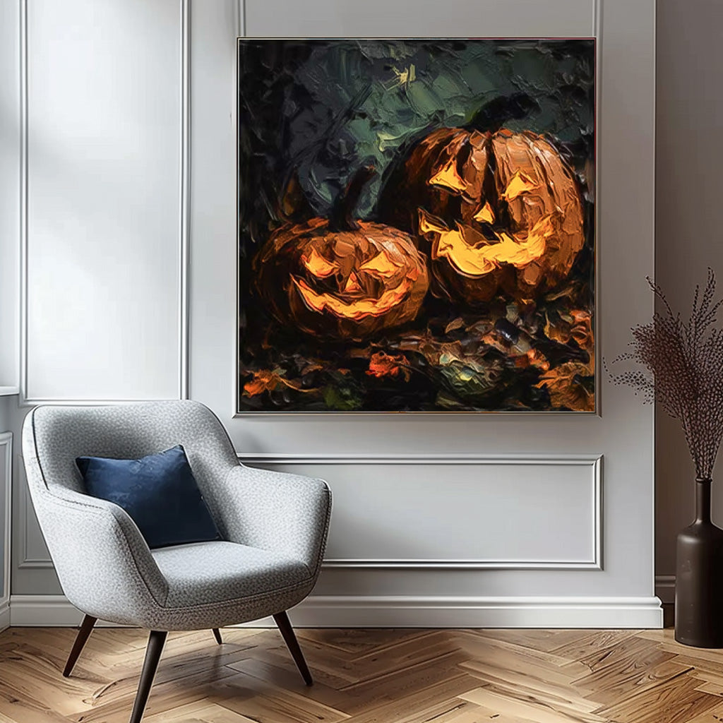 Large Pumpkin Head Square Texture Abstract Wall Art Framed Modern Abstract Canvas Painting Holiday Decorations