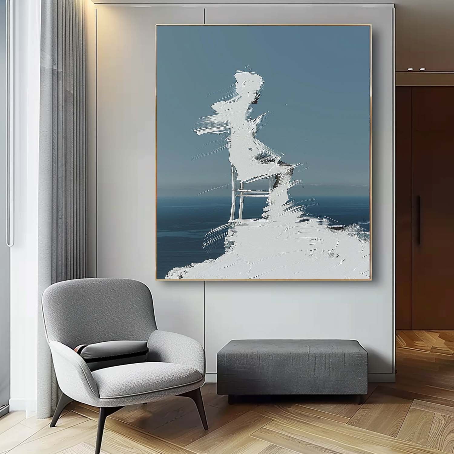 Original Abstract Wall Art Figure shadow Painting Cool Tones Large Outline Acrylic Painting Framed Artwork
