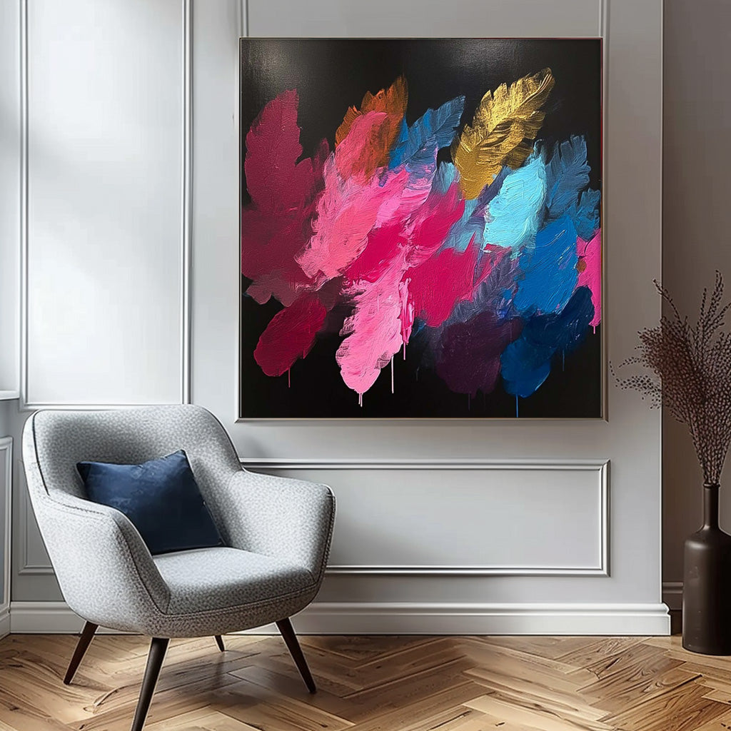 Square Contemporary Colored Leaves Painting Large Textured Abstract Leaves Paintings Original Framed Artwork