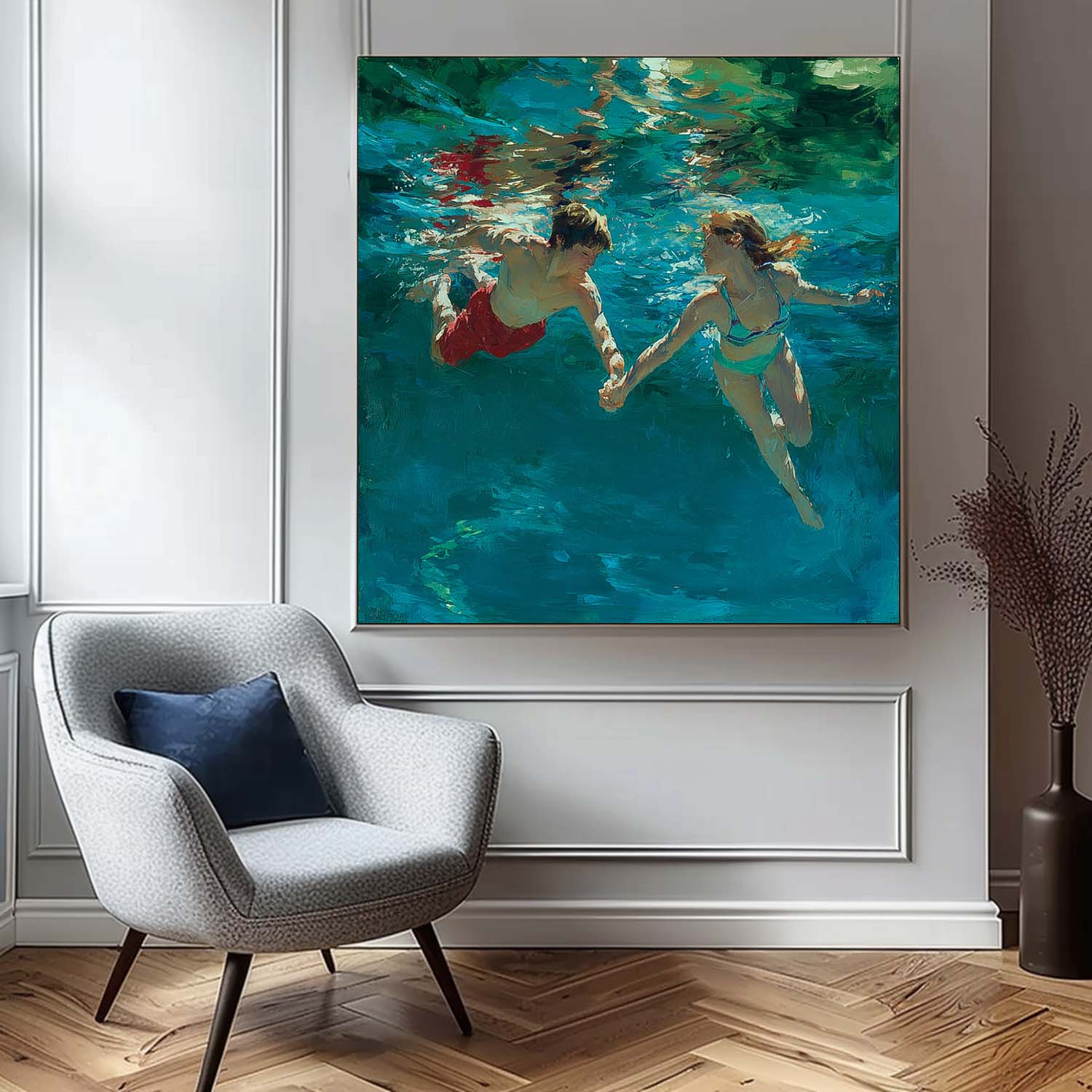 Two People Artwork Square Diving In Ocean Acrylic Painting Original swimming Wall Art For Living Room