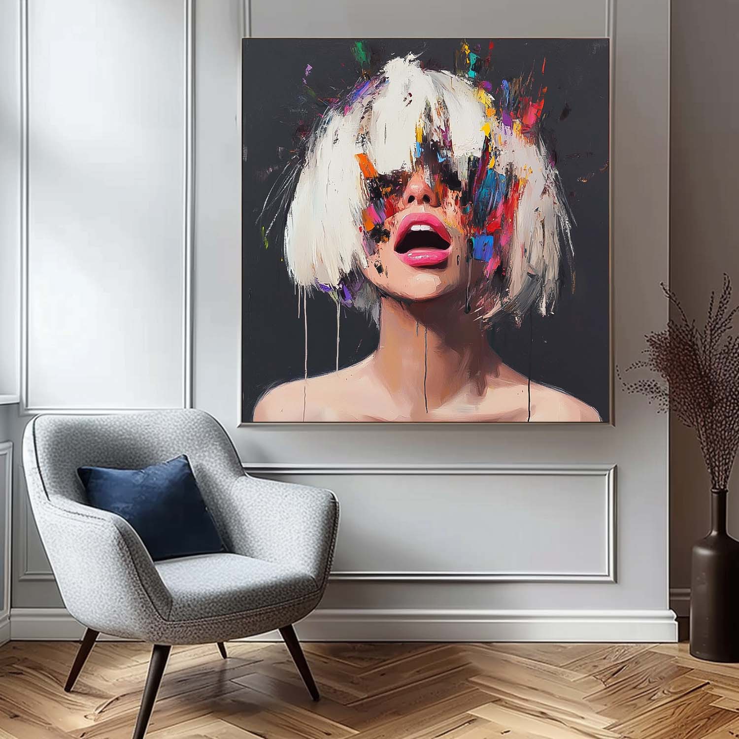 Beautiful Lady Abstract Wall Art Square Large Short Hair Girl Portrait Artwork Origina Acrylic Painting Canvas