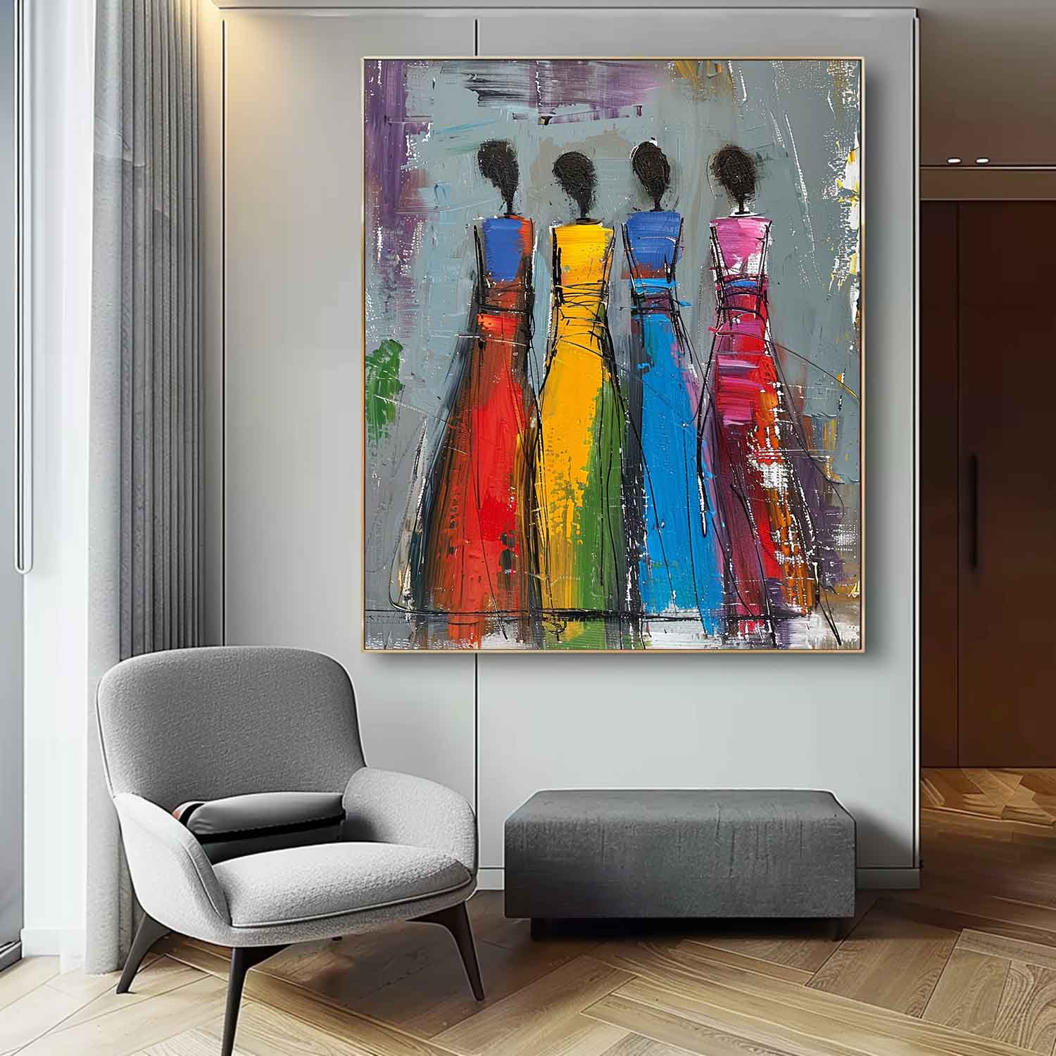 Colorful Four Women Silhouettes Painting Original Modern Wall Art Big Multicolor Girl Painting Framed