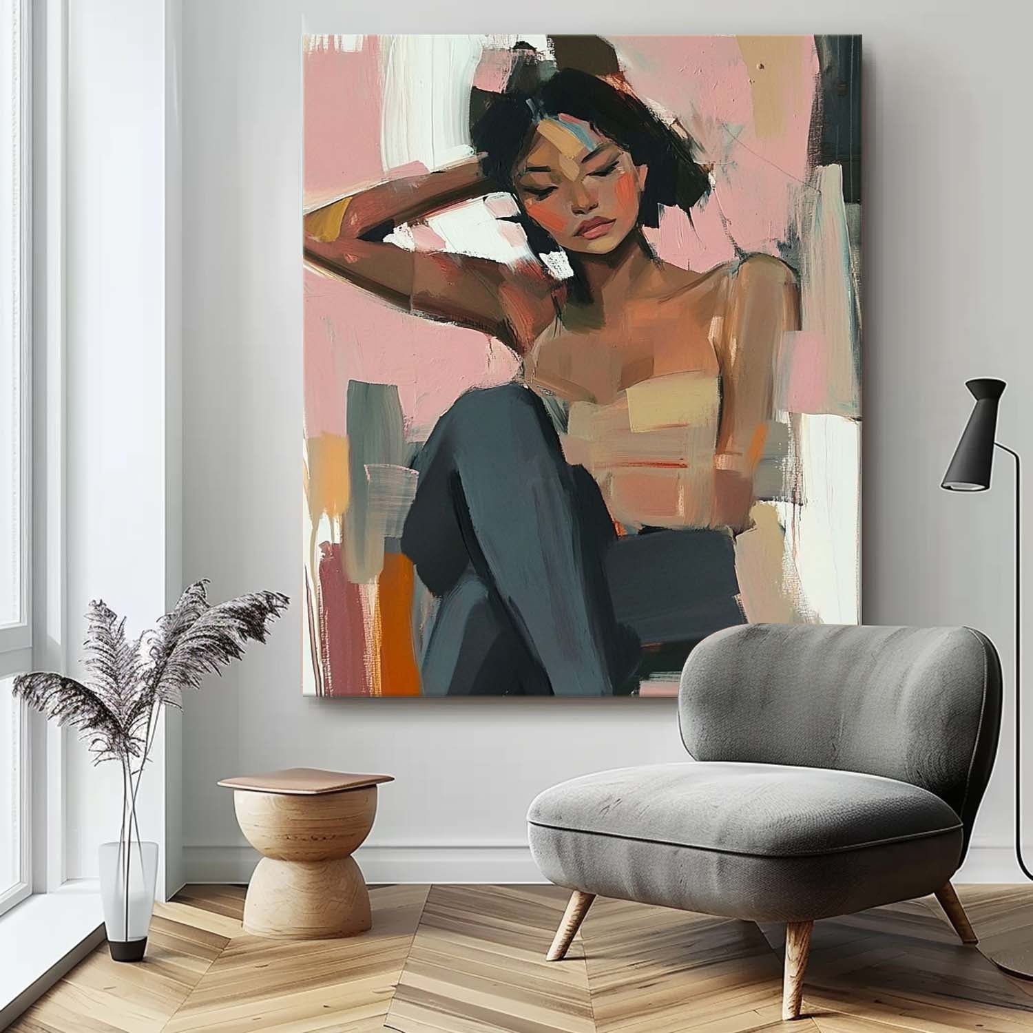 Large Lovely Girl Acrylic Painting Abstract Lady Artwork Original Woman Wall Art Framed For Living Room