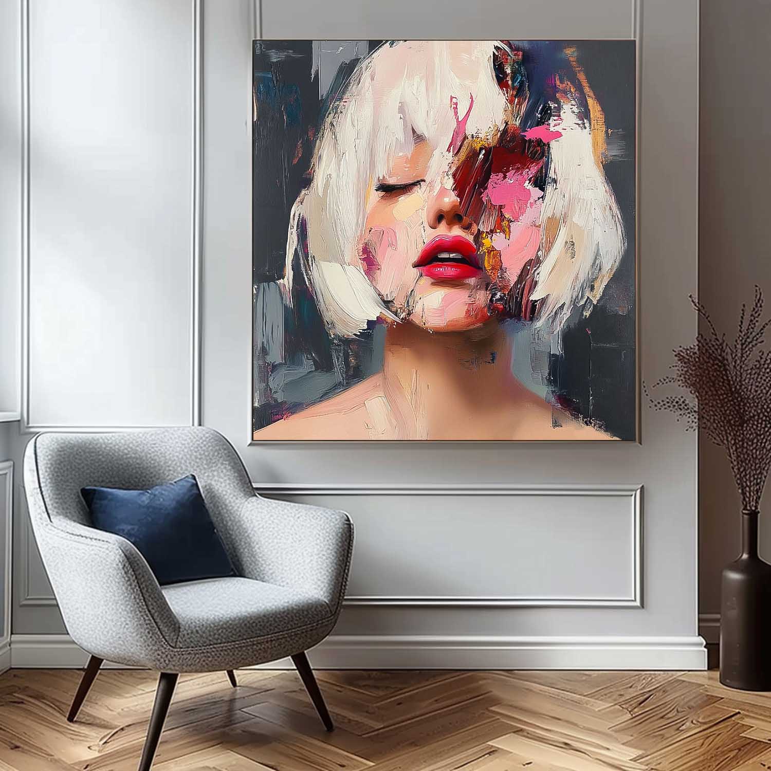 Square Large Short Hair Girl Portrait Artwork Beautiful Lady Abstract Wall Art Origina Acrylic Painting Canvas