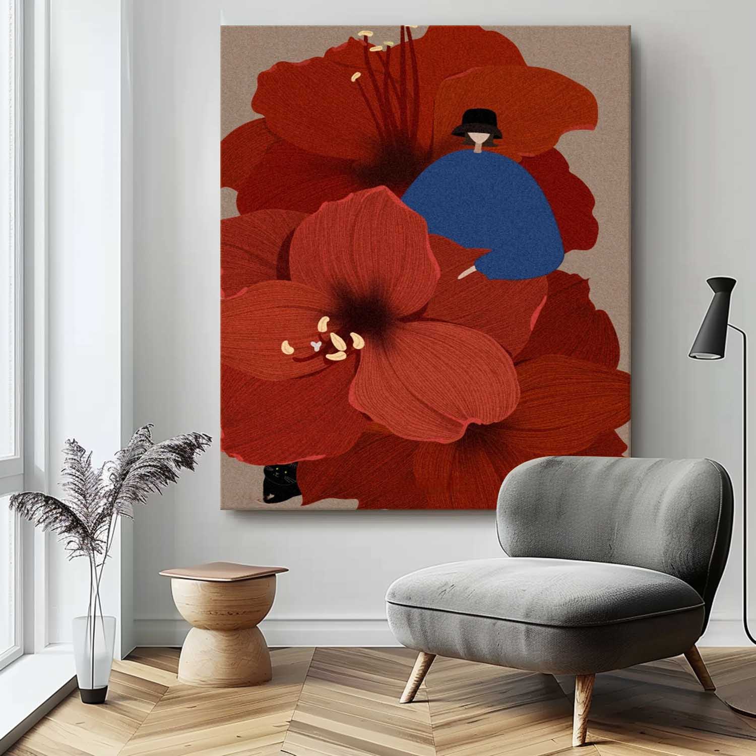 Large Figure Painting Original Girl On Flowers Wall Art Illustration style Abstract Artwork Home Decor