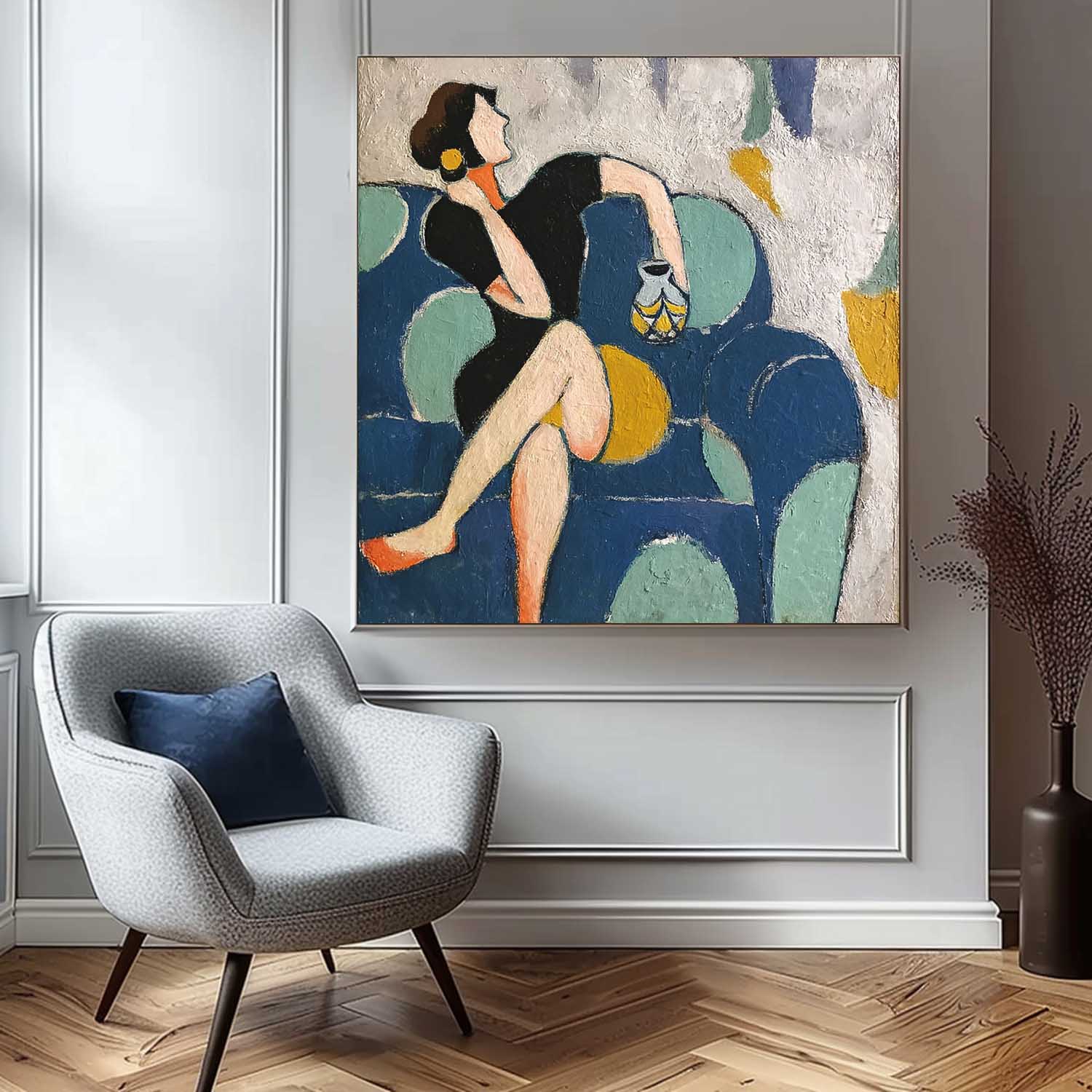 Original Portrait Wall Art Woman On The Sofa Acrylic Painting Abstract Lovely Girl Oil Painting Canvas