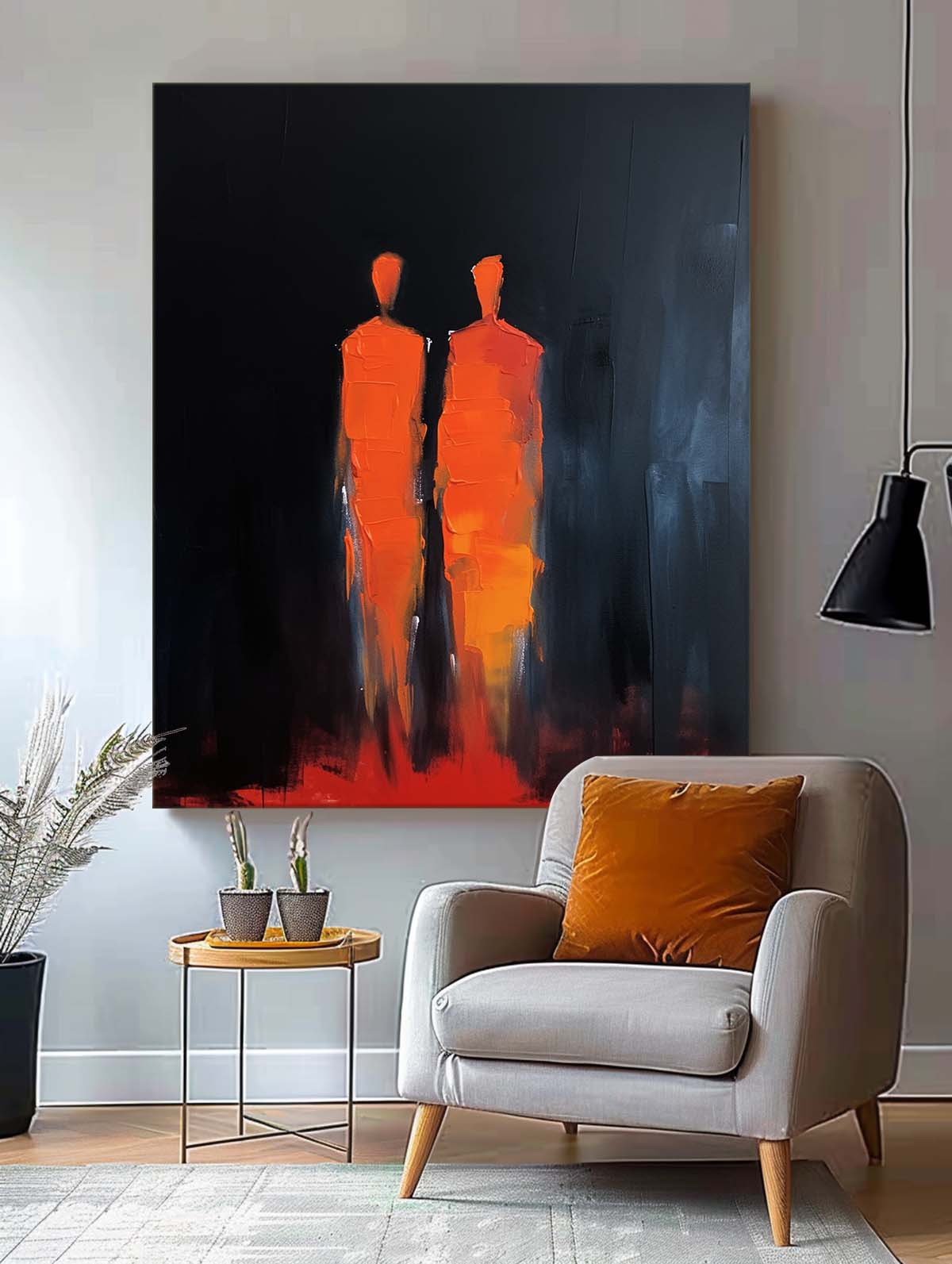 Warm Color Original Abstract Wall Art Big Contour Acrylic Painting Character Outline Painting Framed Artwork