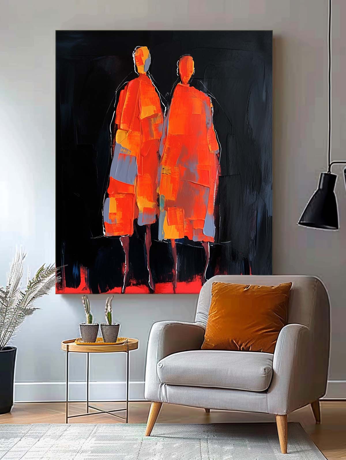 Big Contour Acrylic Painting Warm Color Original Abstract Wall Art Character Outline Painting Framed Artwork