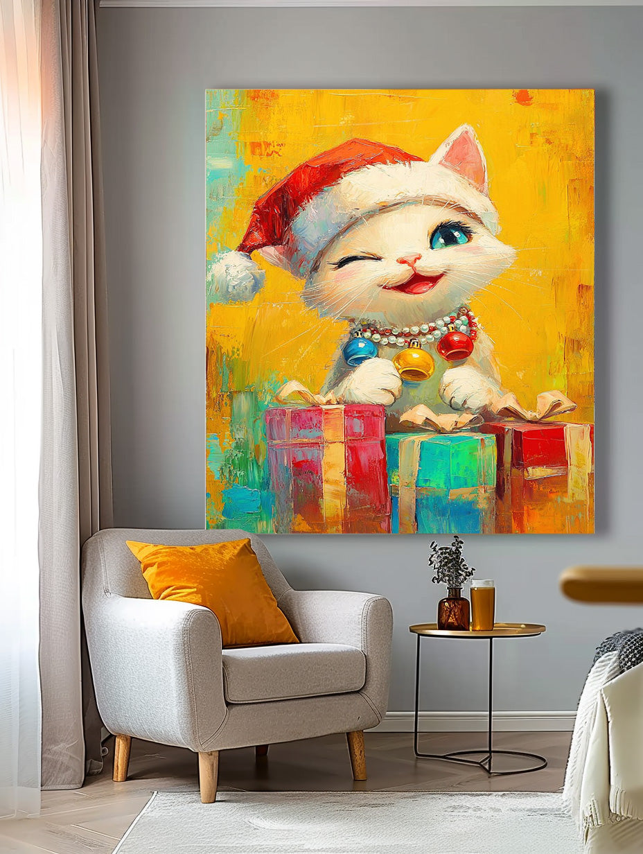 Large Christmas Cat Oil Painting Cat Holding A Gift Wall Art Texture Christmas Animal Oil Painting decor Art