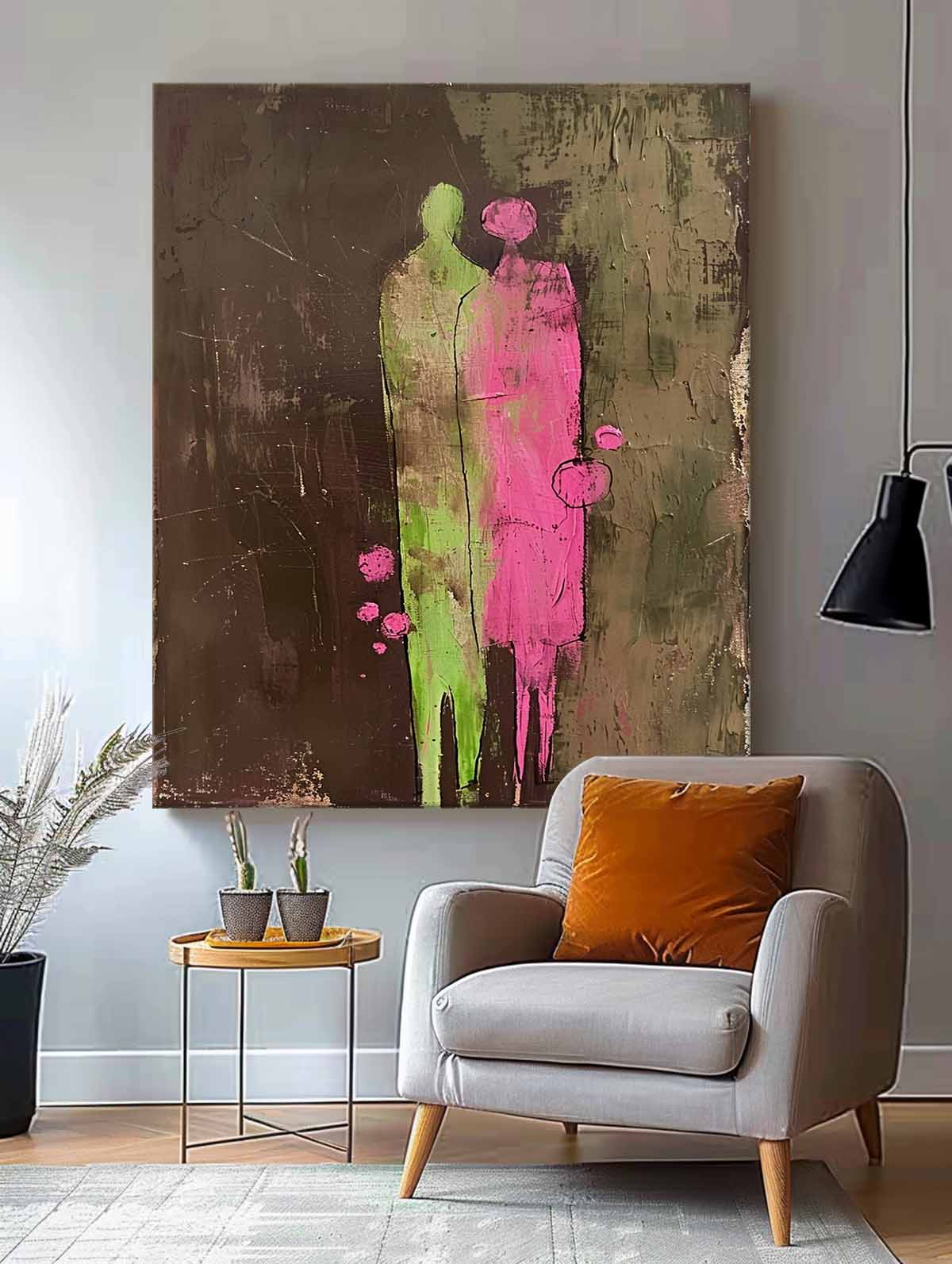 Dark Brown Large Figure Painting Original Green And Pink Silhouettes Wall Art Abstract Artwork Framed