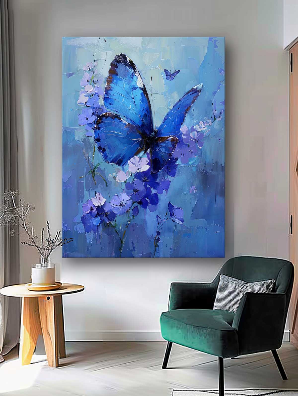 Original Artwork Impressionist Butterfly Wall Art Blue Oil Painting Modern Texture Oil Painting Decor