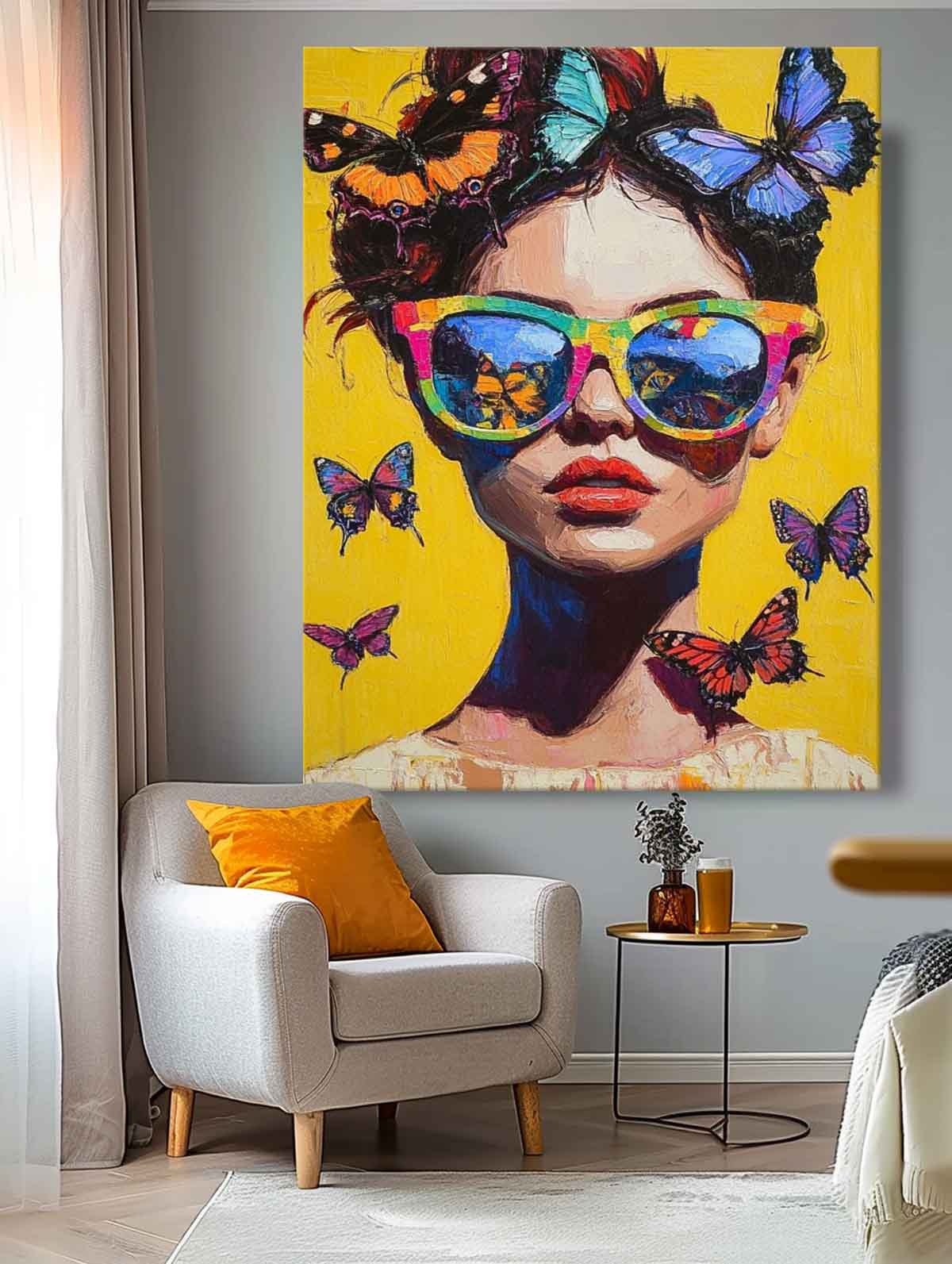 Lady Modern Artwork Abstract Butterfly Oil Painting On Canvas Vibrant Yellow Original Texture Girl Wall Art