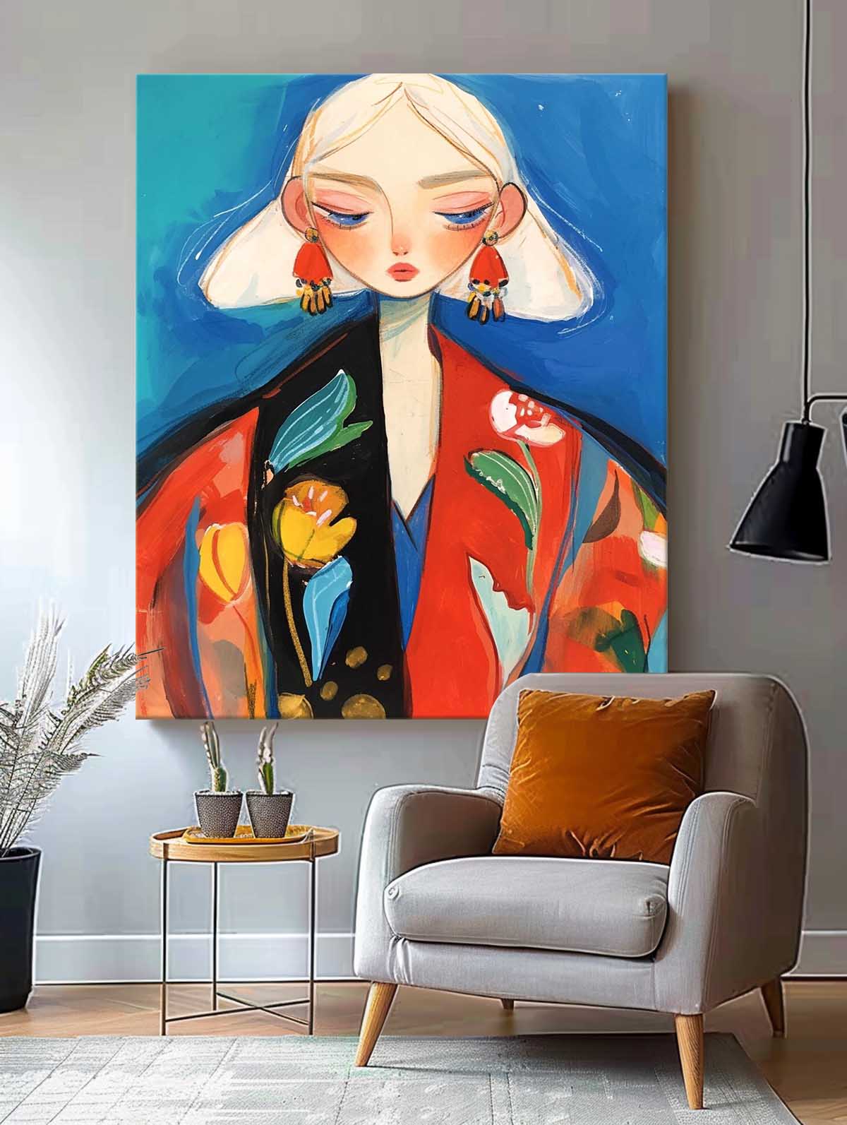 Large Fgure Acrylic Painting Cute Girl Original Abstract Wall Art Cartoon Character Painting Framed Artwork