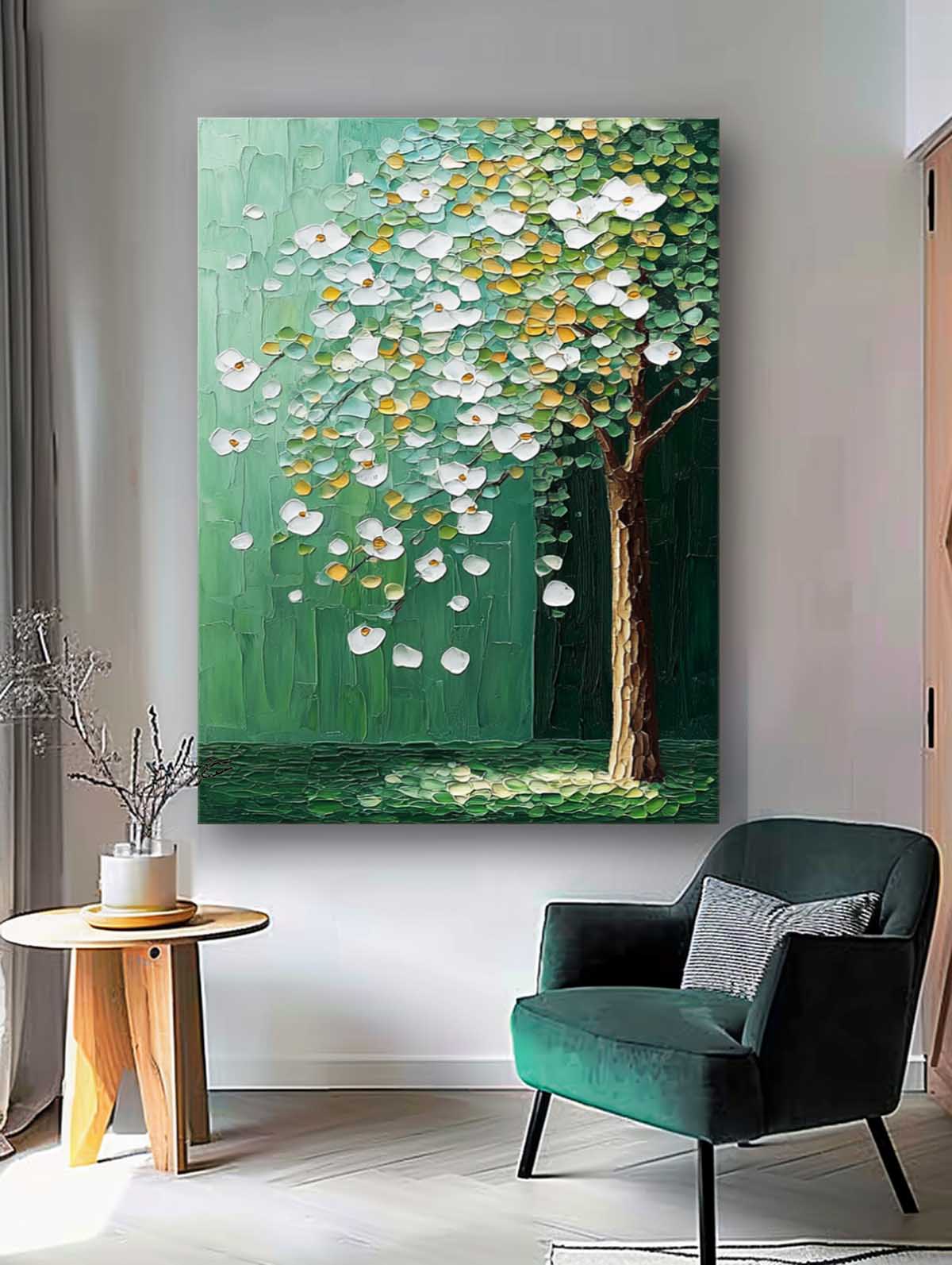 Beautiful Green Tree Painting Acrylic Textured Floral Art Impressionist Plant Paintings For Living Room