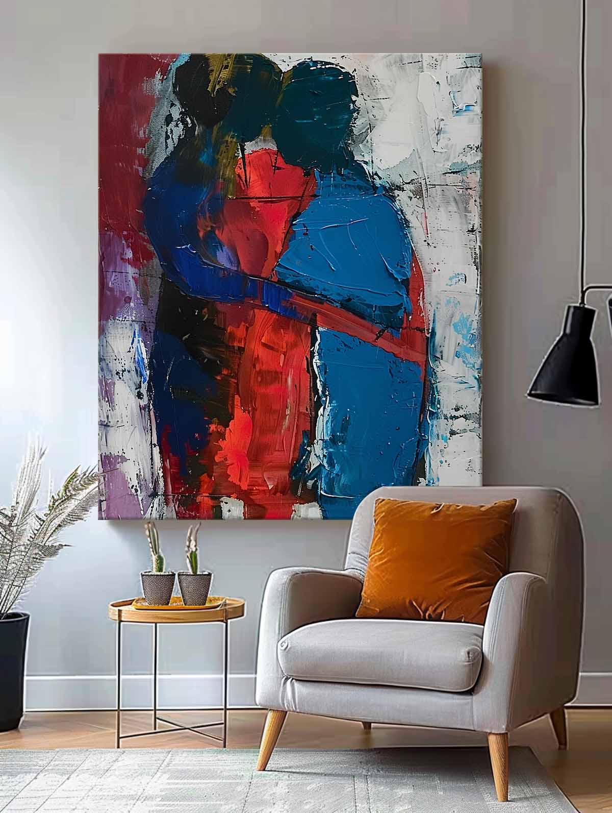 Original Abstract Embrace Wall Art Character Outline Painting Big Human Painting Framed Dark Series Artwork