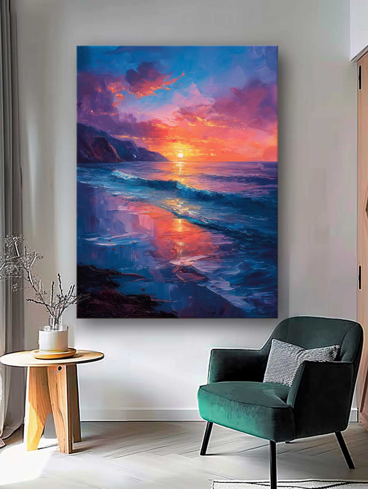 Large Sea Wall Art Original Abstract Beach Oil Painting On Canvas Texture Sunset Artwork Home Decor
