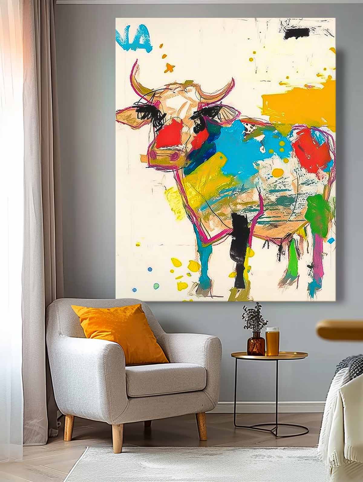 Large Acrylic Painting  Modern Colorful Cow Abstract Wall Art Minimalism Ox Animal Oil Painting Home Decor