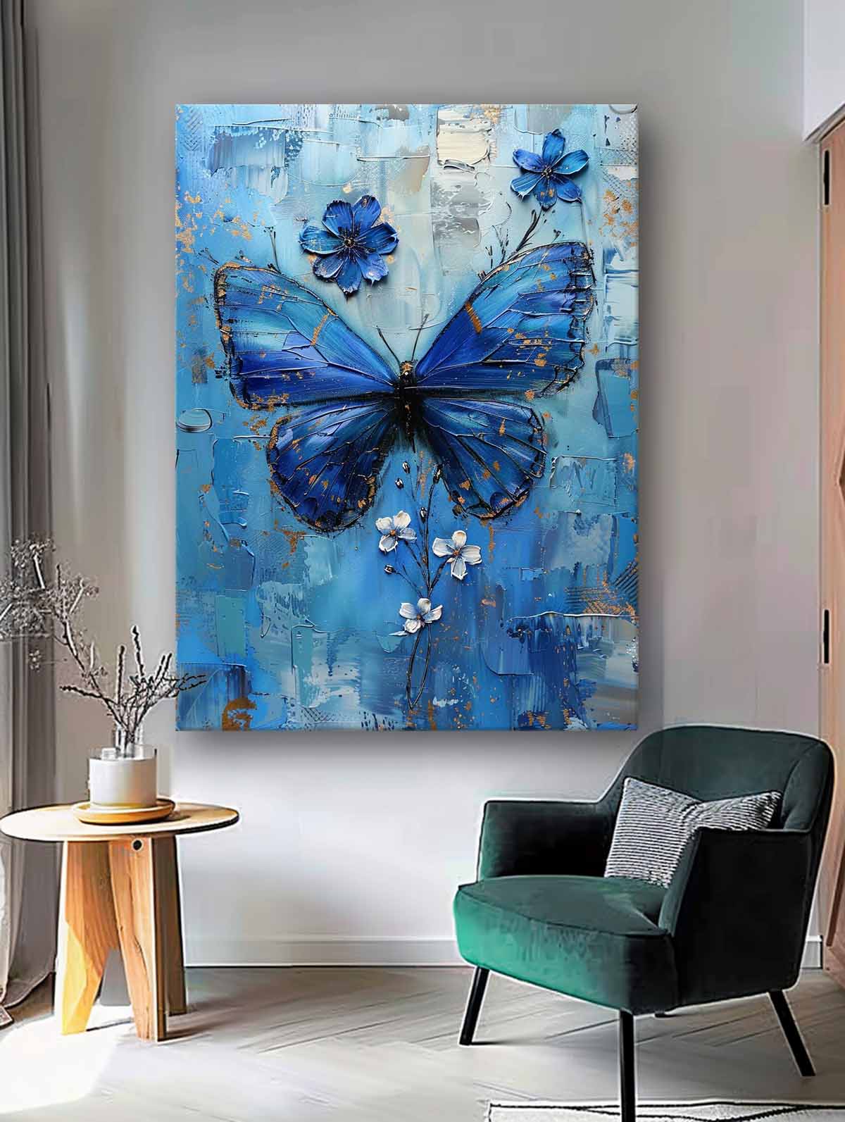 Original Artwork Impressionist Lovely Butterfly Wall Art Blue Oil Painting Modern Texture Oil Painting Framed