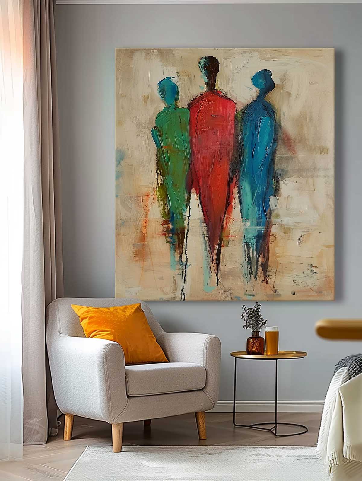 Original Three People Silhouettes Wall Art Large Figure Painting Retro Style Abstract Artwork For Living Room
