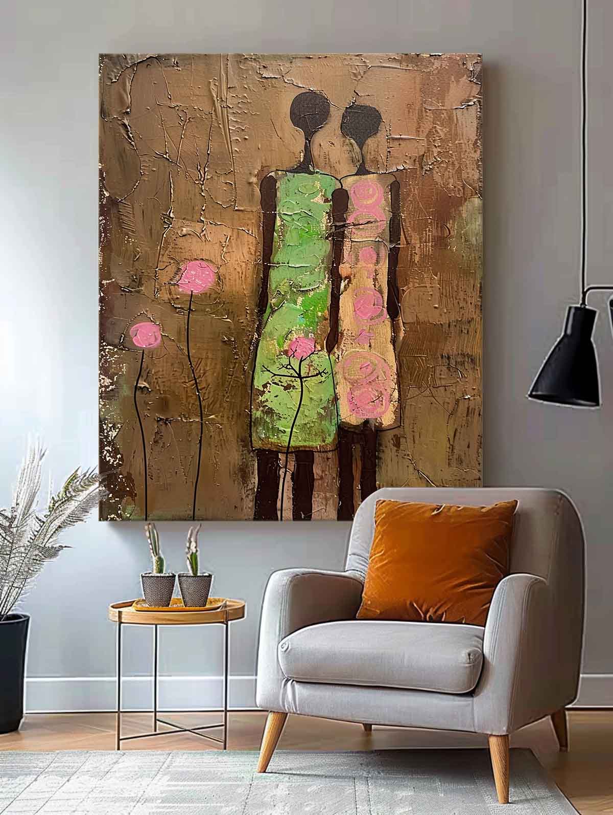 Original Colorful Silhouettes Wall Art Cute Brown Large Figure Painting Abstract Artwork For Living Room